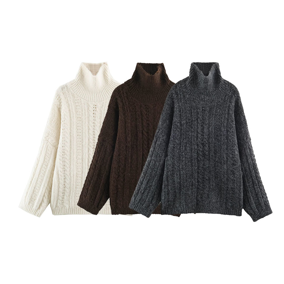 Women's Chunky Knit Oversized Sweater with High Turtleneck and Cable Pattern Chichicherry