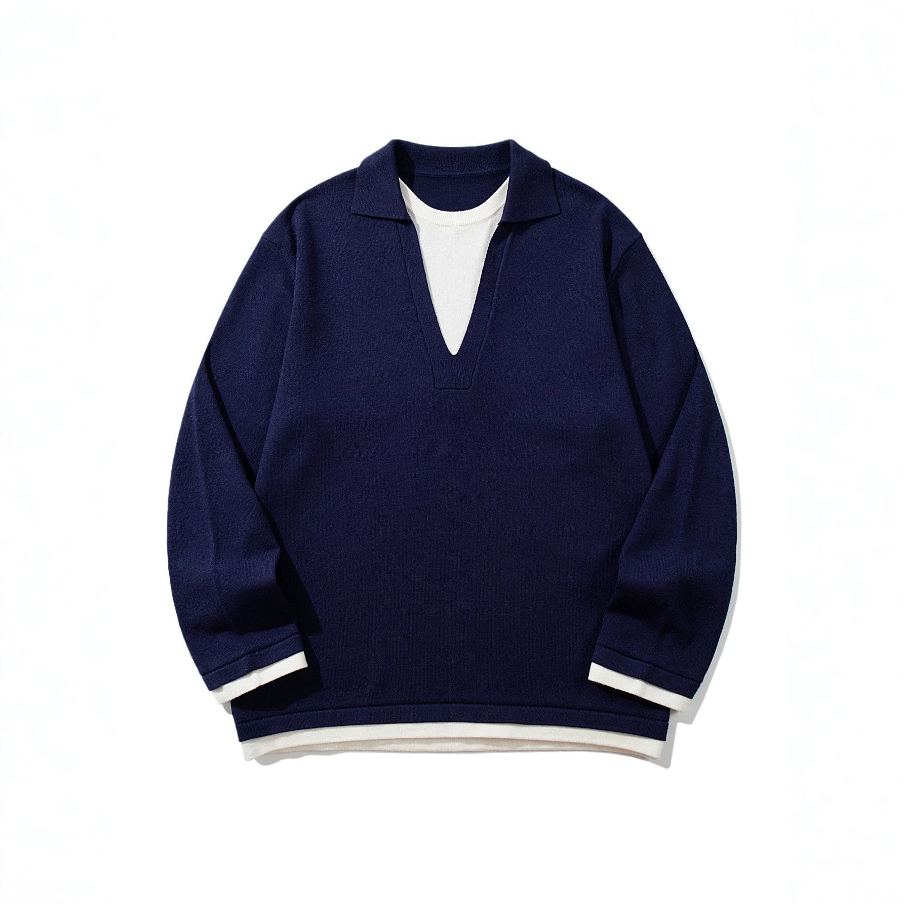 Unisex Casual Oversized Knit Sweater with Deep V Insert and Shirt Layer Look Chichicherry