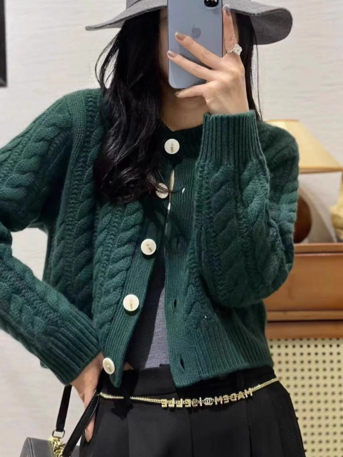 Women's Short Braid Knit Cardigan with Wide Ribbed Hem and Large Buttons Chichicherry