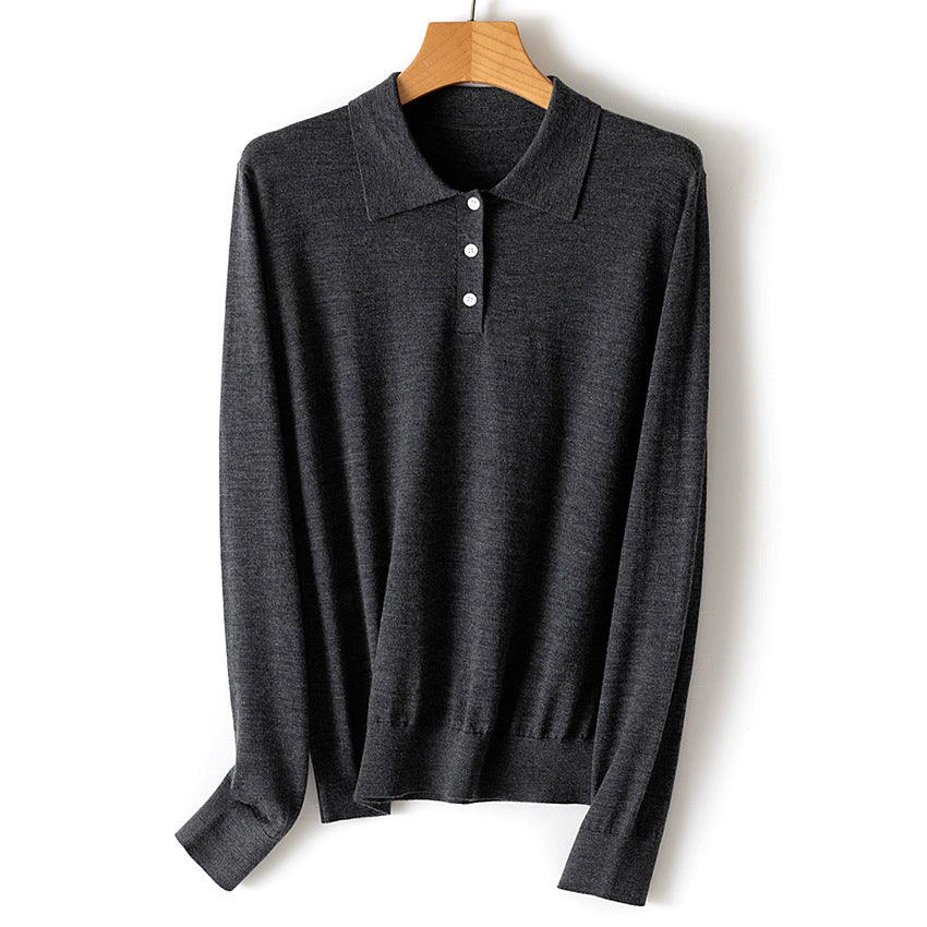 Women's fine-knit polo sweater with button placket, lightweight drape and ribbed cuffs Chichicherry