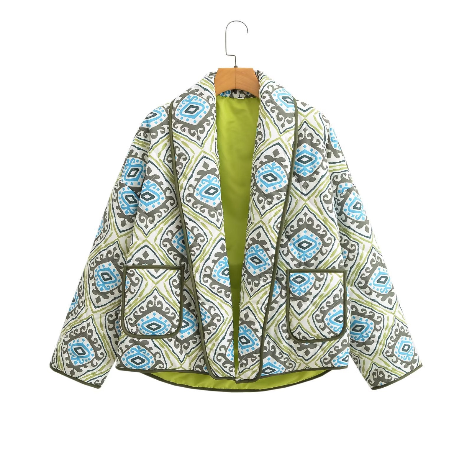 Women's Quilted Kimono Jacket with Graphic Allover Pattern, Shawl Collar and Patch Pockets Chichicherry