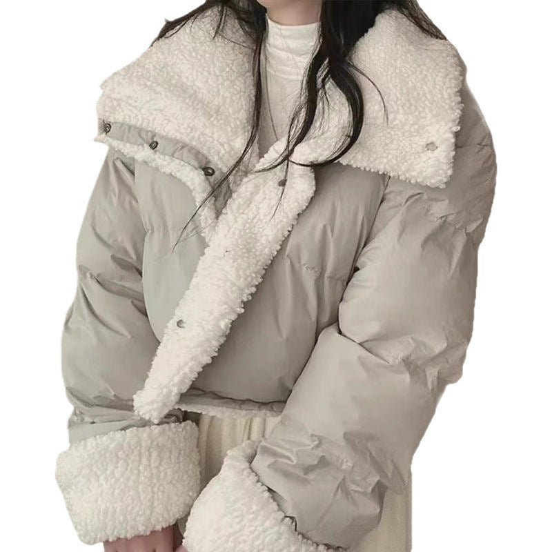 Women's short quilted puffer jacket with teddy collar, roll-up sleeves, and drawstring hem Chichicherry