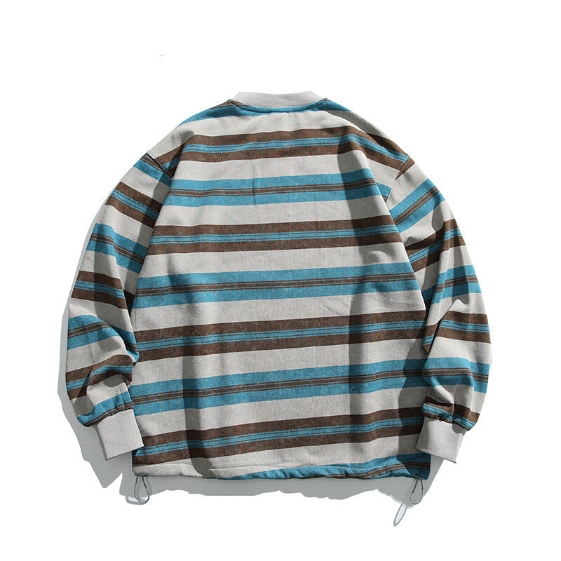 Men's Oversized Striped Sweatshirt with Drawstring Hem and Round Neck Chichicherry