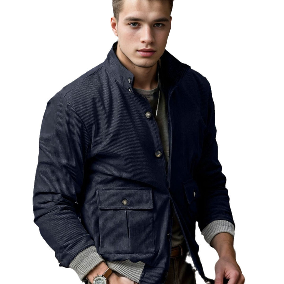 Men's Corduroy Field Jacket with Flap Pockets and Stand Collar Chichicherry