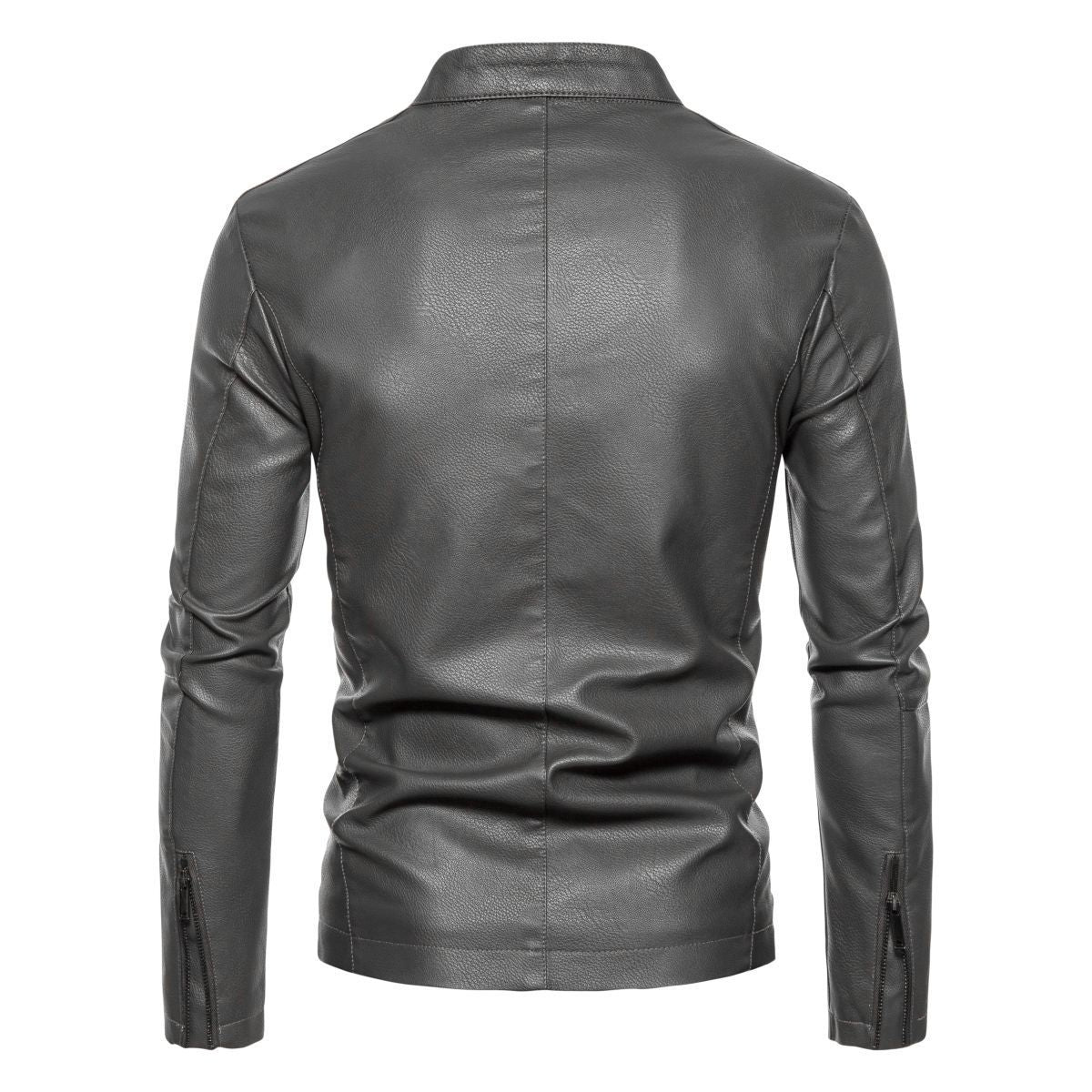 Men's Slim Faux Leather Biker Jacket with Stand-up Collar, Faux Fur Lining and Zipper Pockets Chichicherry