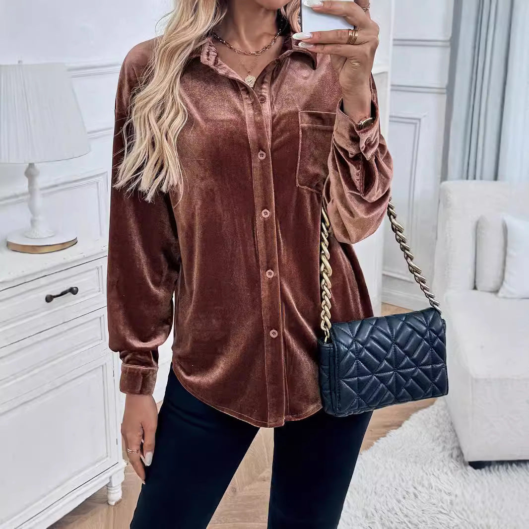 Women’s velour shirt blouse with chest pocket and classic collar Chichicherry