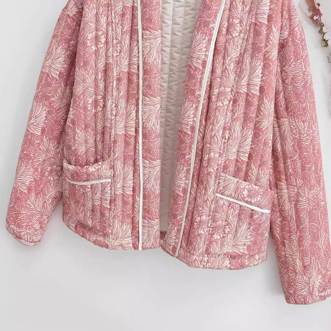 Women Light Quilted Jacket in Kimono Style with Floral Block Print and Contrast Piping Chichicherry
