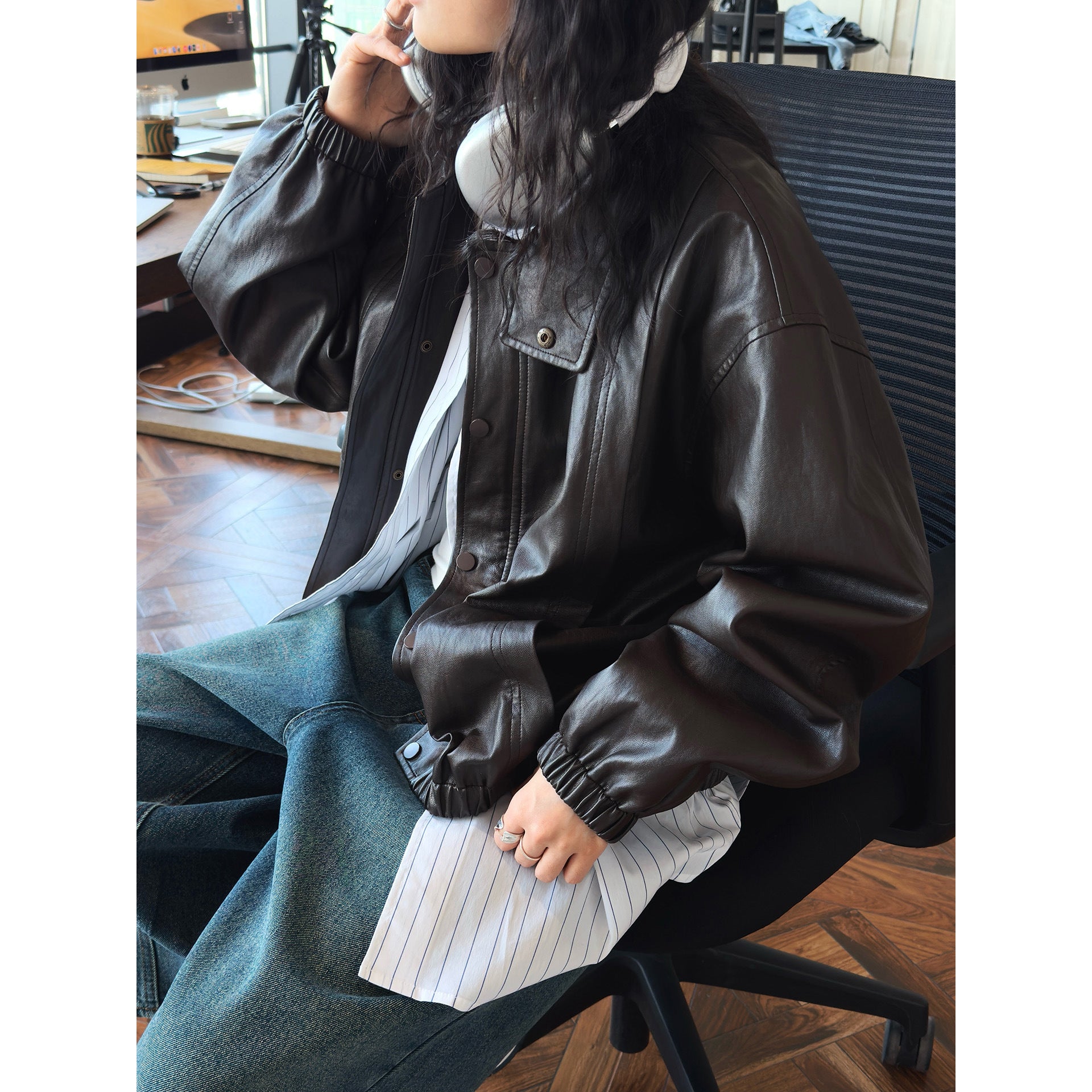 Women's Oversized Faux Leather Bomber Jacket with Stand-up Collar and Elastic Hem Chichicherry