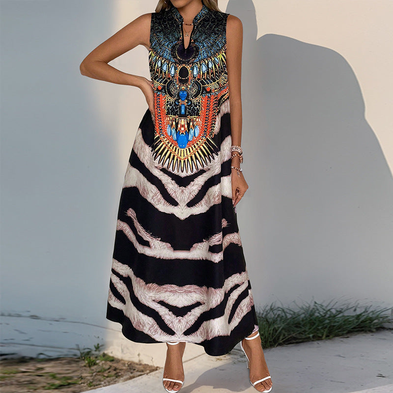 Women's Sleeveless Maxi Dress with Statement Neck Print, Ethnic Motif and Flared A-Line Silhouette Chichicherry