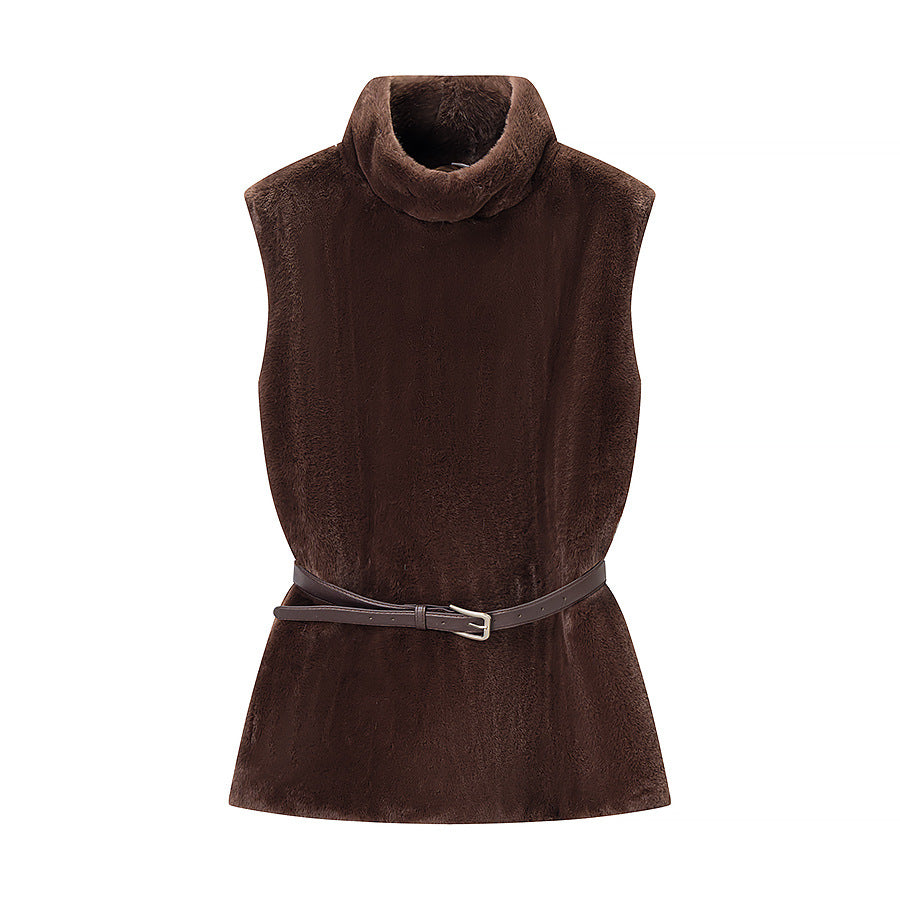 Ladies Sleeveless Faux Fur Vest with Turtleneck and Waist Belt Chichicherry