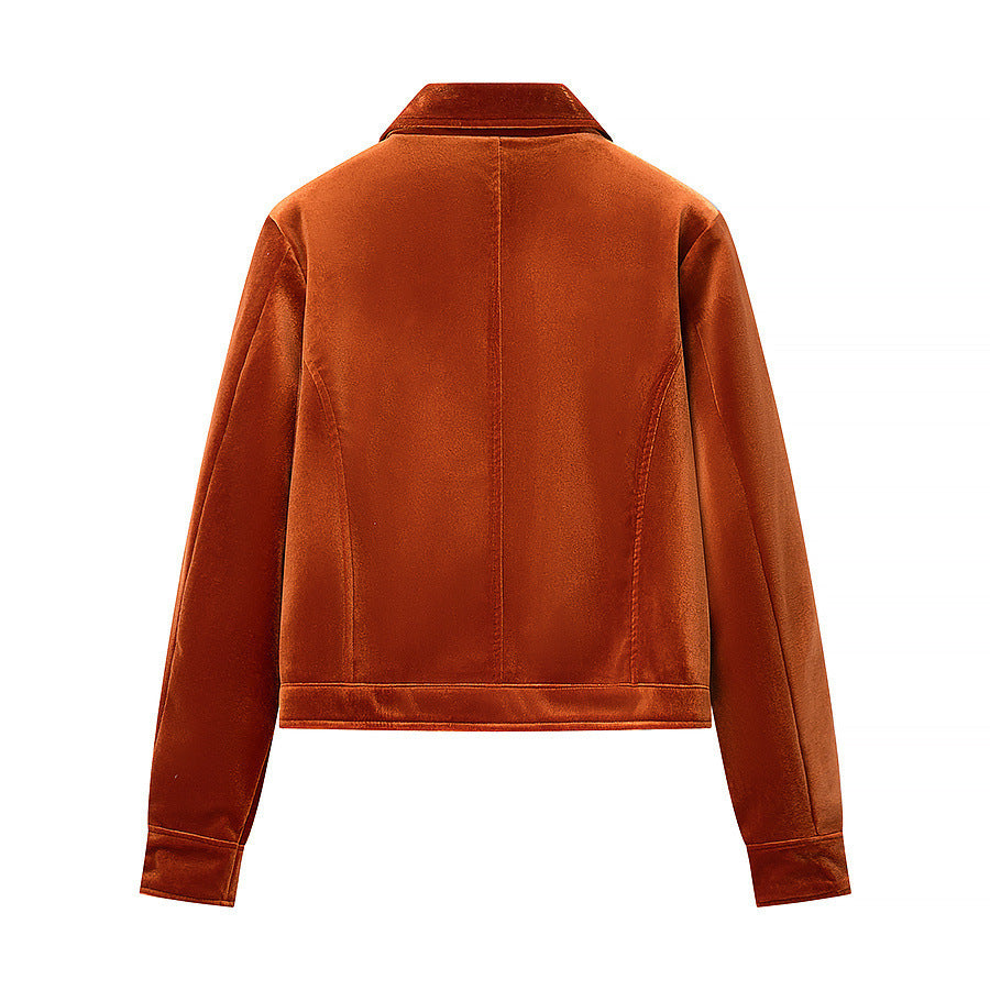 Women's short jacket in velvet look with shirt collar, applied flap pockets, and gold-colored decorative buttons Chichicherry