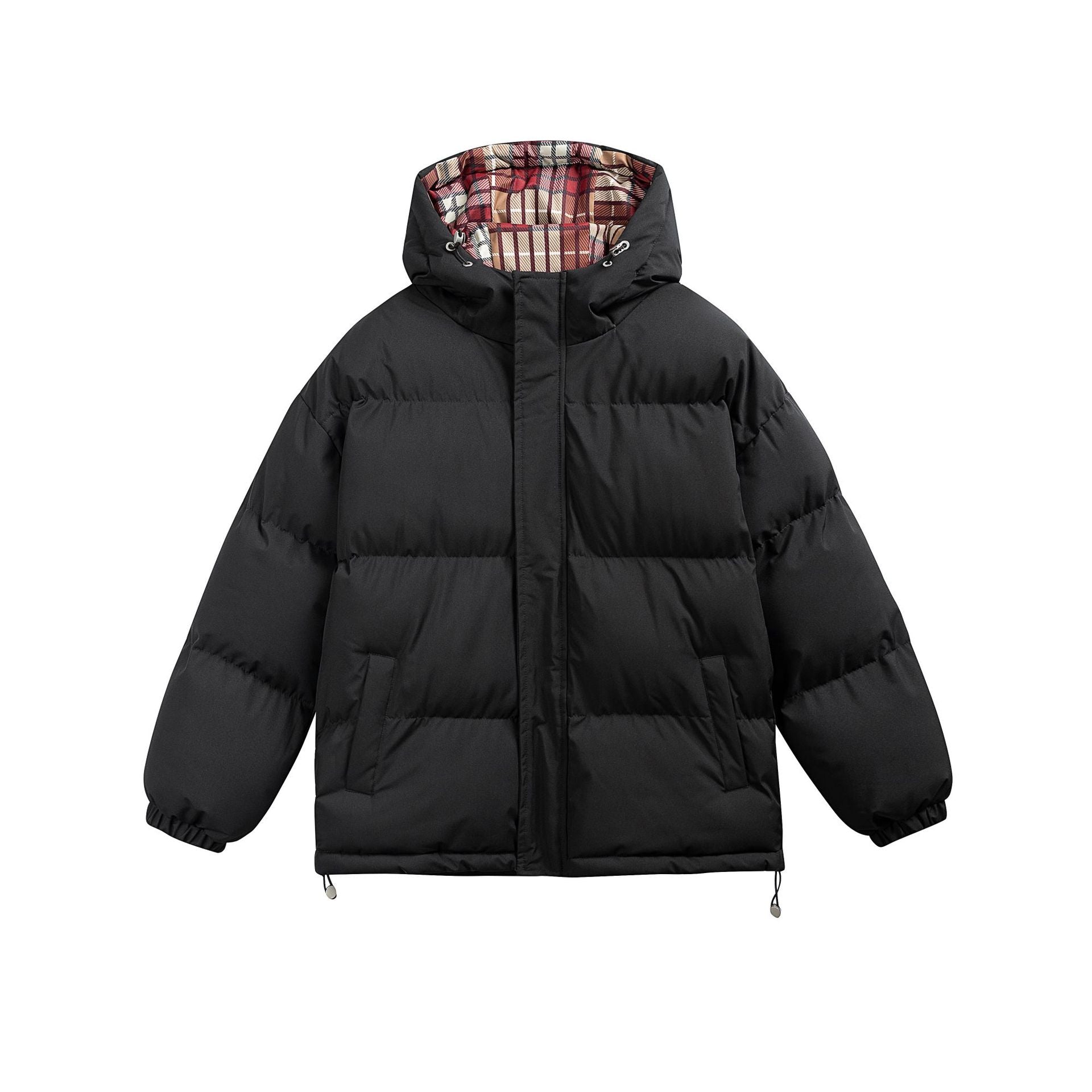 Women Padded Oversize Quilted Jacket with Hood, High Collar and Checked Lining Chichicherry