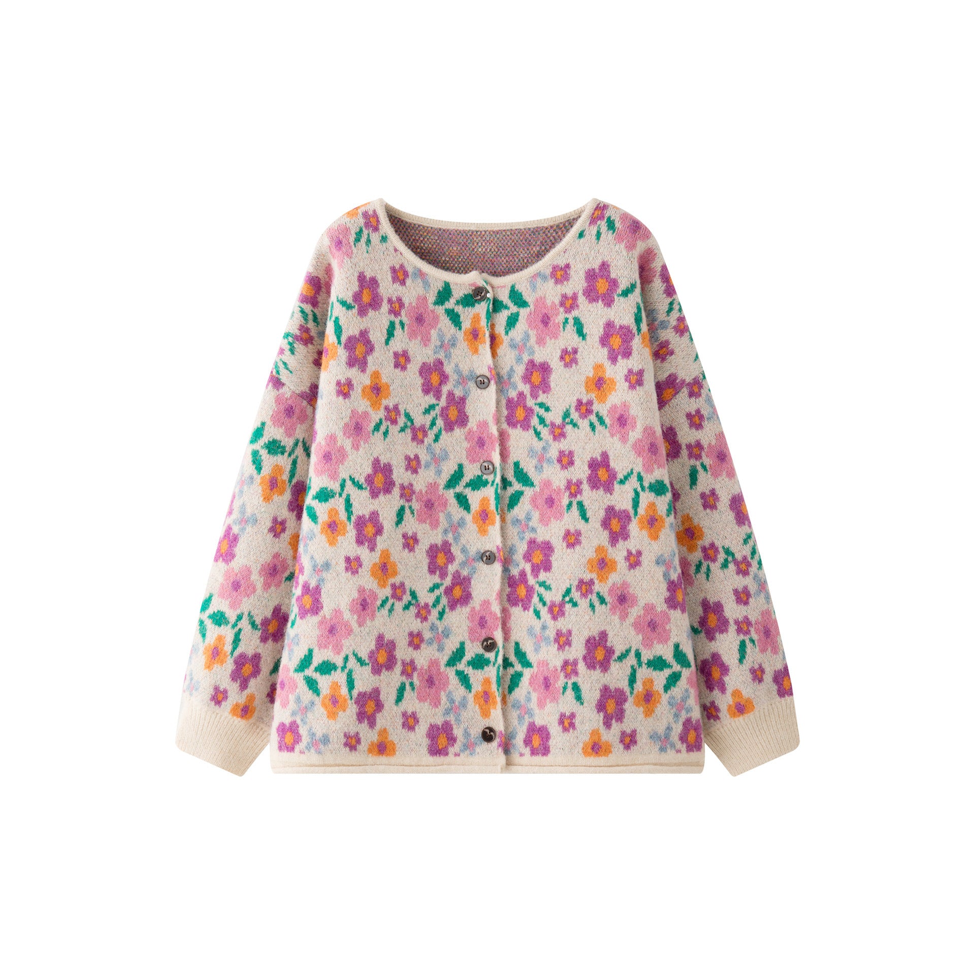 Women's Chunky Knit Button Cardigan in Floral Jacquard with Fluffy Mohair Look Chichicherry