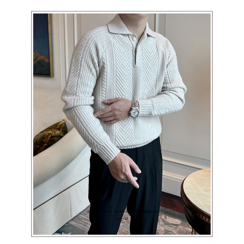 Herren Polokragen-Zopfstrick-Pullover mit halber Knopfleiste Chichicherry