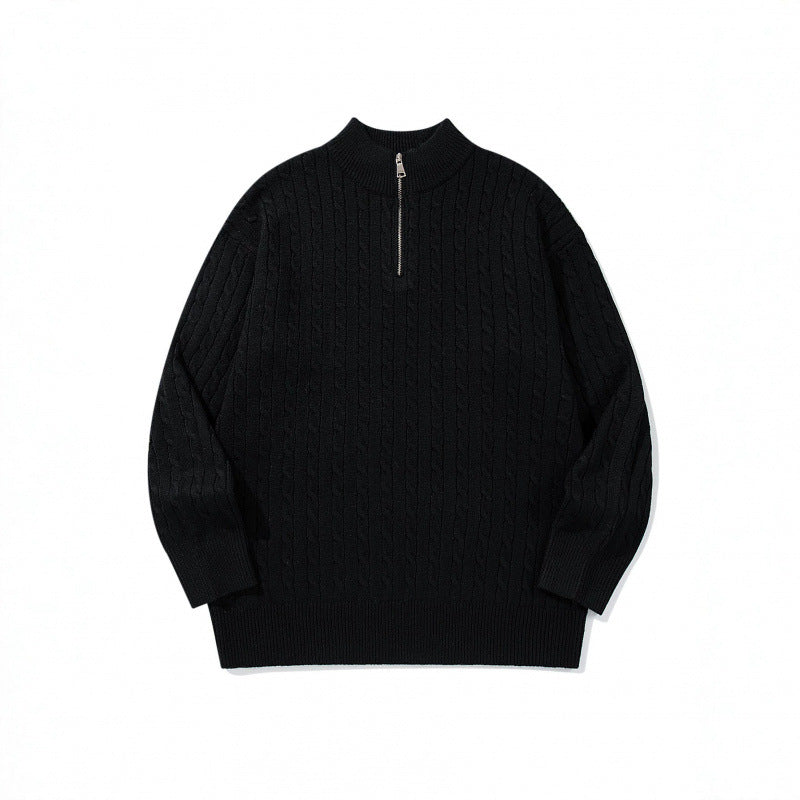 Unisex Oversize Braided Knit Half-Zip Sweater with Short Stand-Up Collar and Wide Ribbed Hem Chichicherry