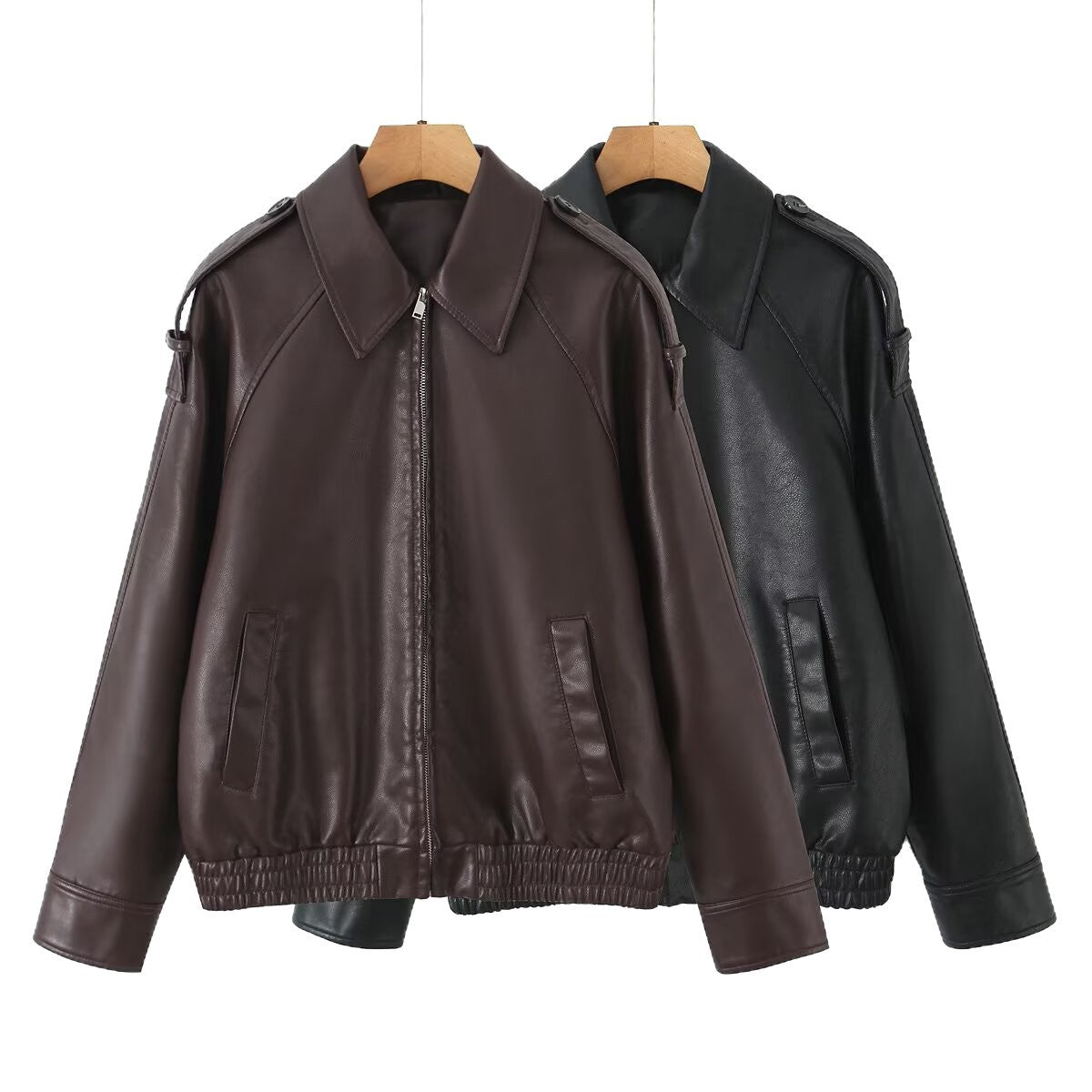 Women's Oversized Faux Leather Flight Jacket with Bonded Collar, Shoulder Epaulettes, and Elastic Hem Chichicherry