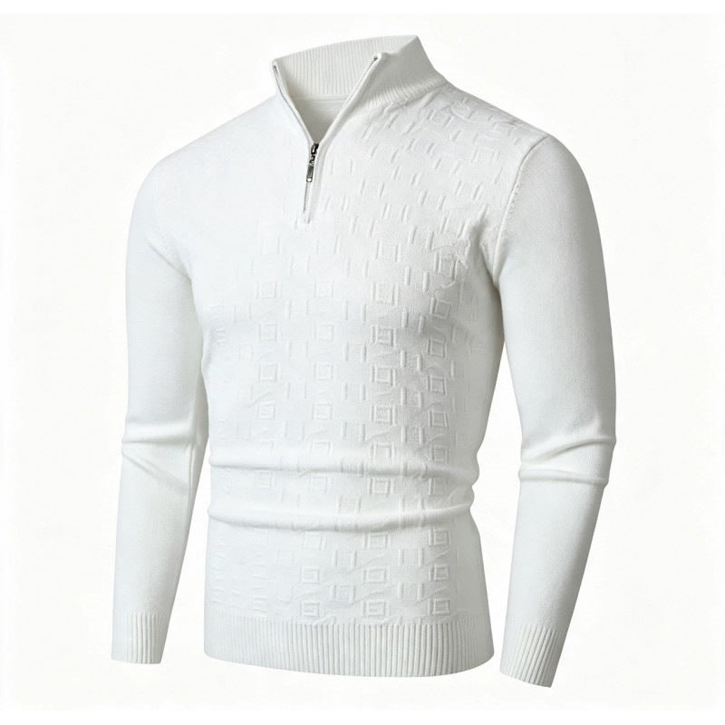 Men's Slim-Fit Fine Knit Half-Zip Sweater with Stand Collar and Geometric Relief Chichicherry