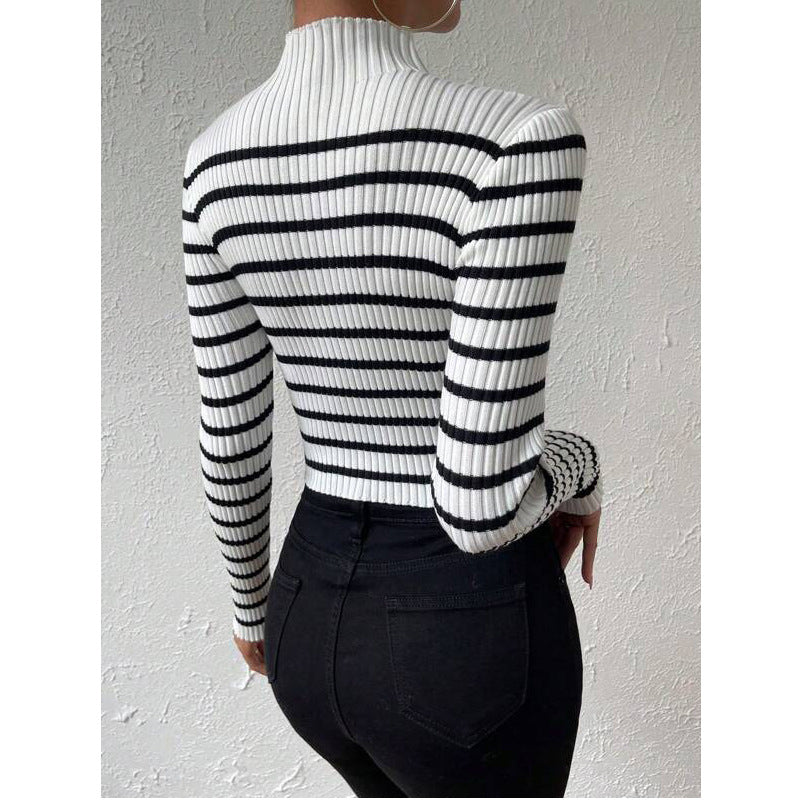 Women's fine knit sweater with short stand-up collar, ribbed texture, and maritime stripes Chichicherry