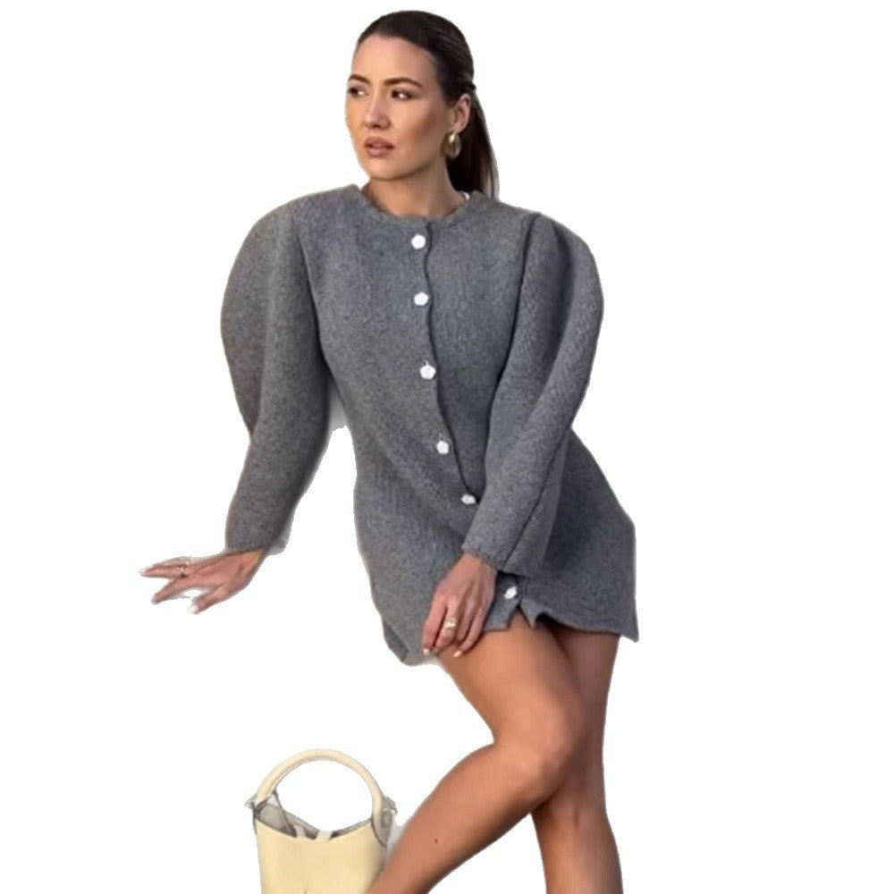 Women's knitted mini dress cardigan with voluminous balloon sleeves and decorative button placket Chichicherry
