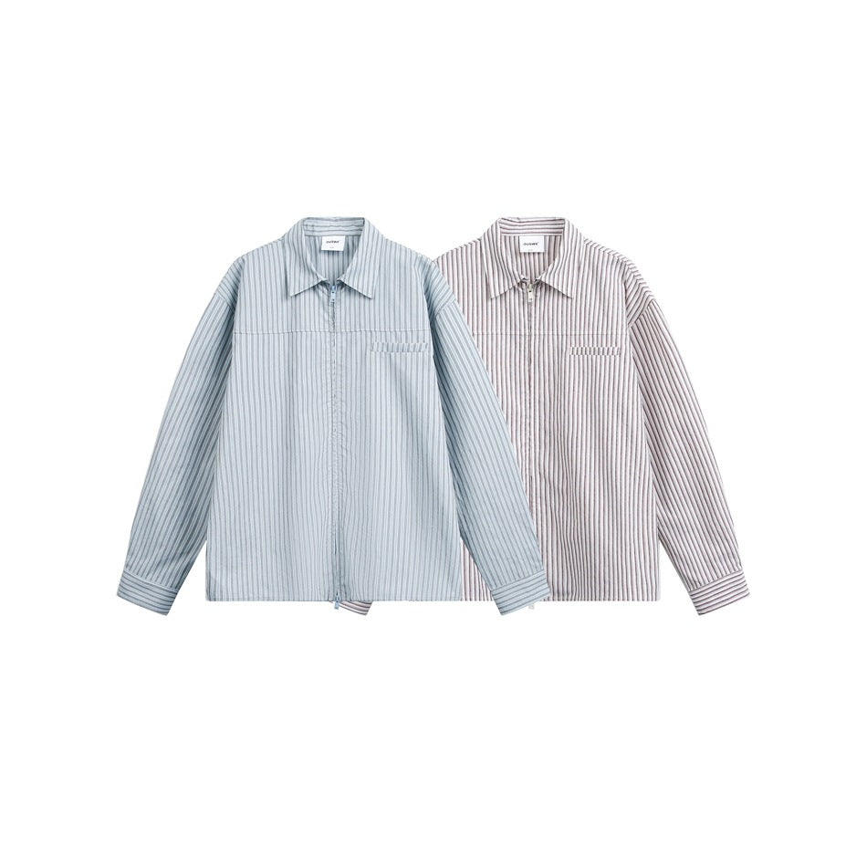 Unisex Lightweight Striped Shirt Jacket with Continuous Zipper and Chest Piped Pocket Chichicherry