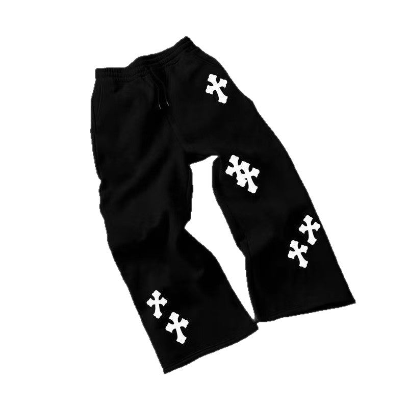 Men's Loose Sweatpants with Gothic Cross Print, Drawstring & Drop Crotch Chichicherry