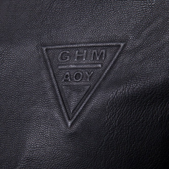 Men's fitted faux leather flight jacket with stand-up collar, decorative seams, and concealed zipper