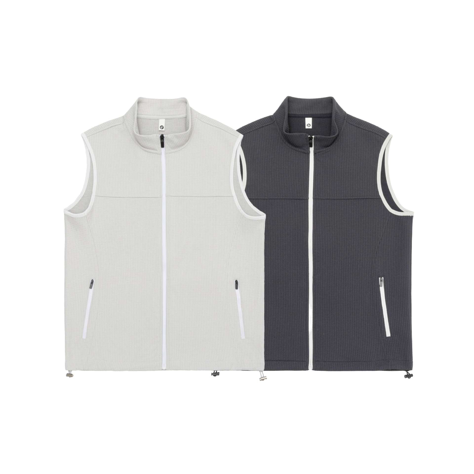 Unisex waffle-structured outdoor vest with stand-up collar, full-length zipper, and drawstring hem Chichicherry