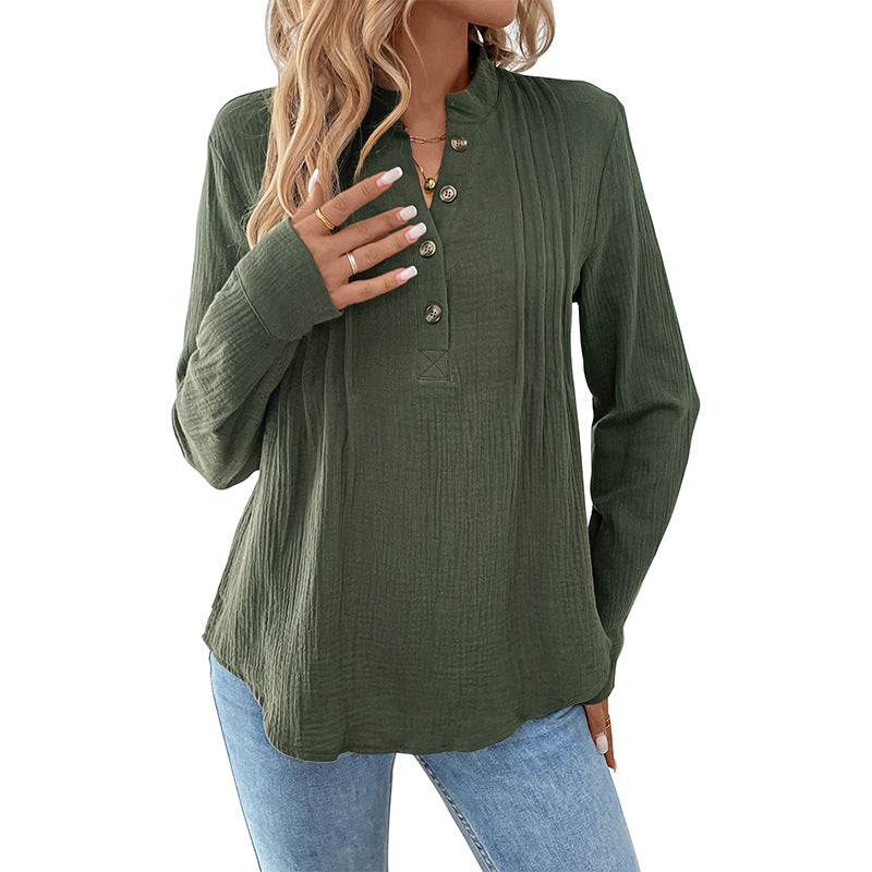 Women's Light Crinkle Henley Blouse Shirt with Stand Collar, Long Sleeves and Relaxed Fit Chichicherry