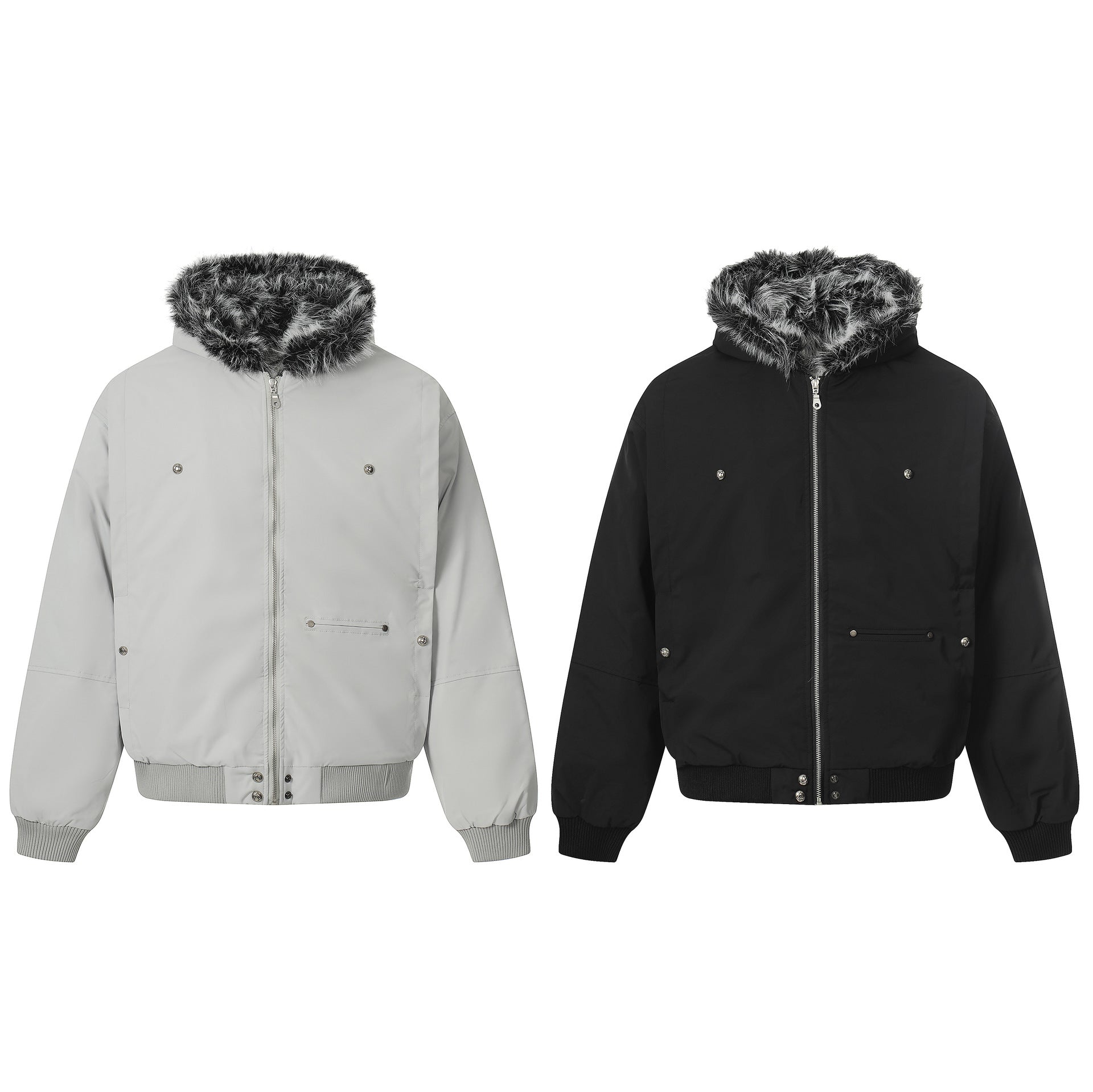 Men's Short Boxy Bomber Jacket in Aviator Look with Removable Faux Fur Collar Chichicherry