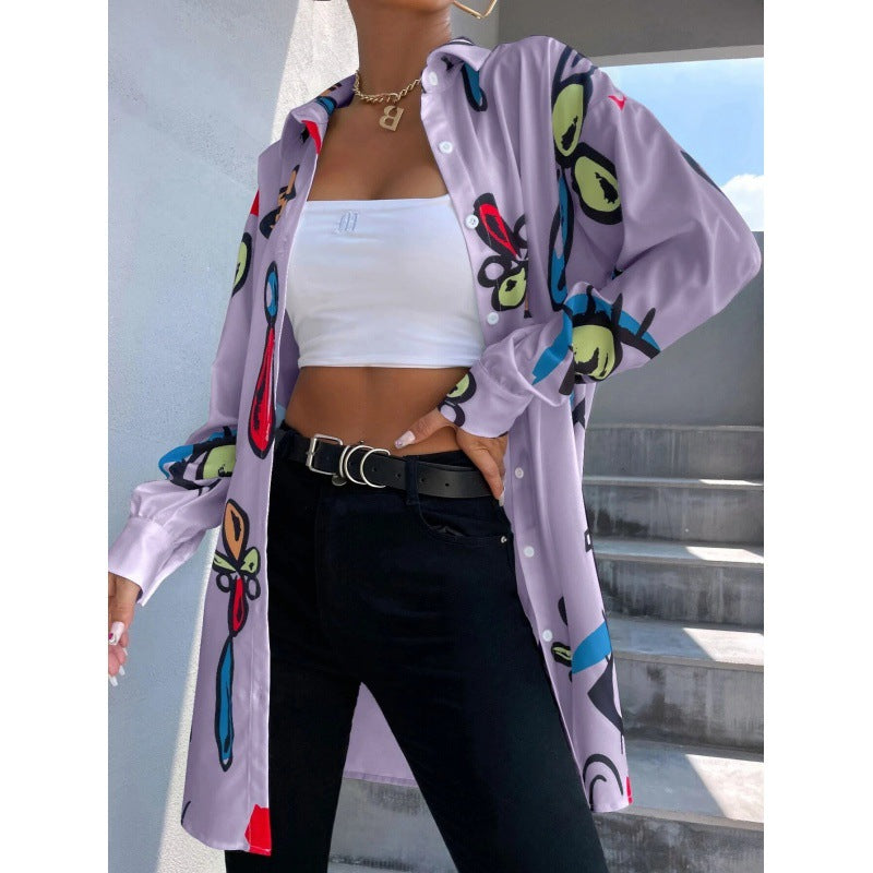 Women's Oversized Long Blouse with Pop Art Print, Shirt Collar and Continuous Button Placket Chichicherry