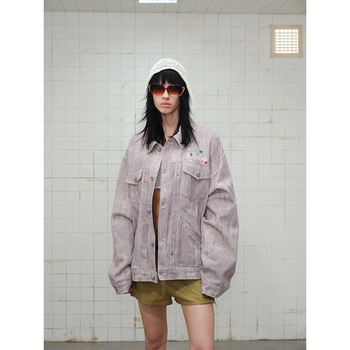 Unisex Boxy Denim Jacket with Acid Wash Effect, Flap Pockets and Floral Chest Embroidery Chichicherry