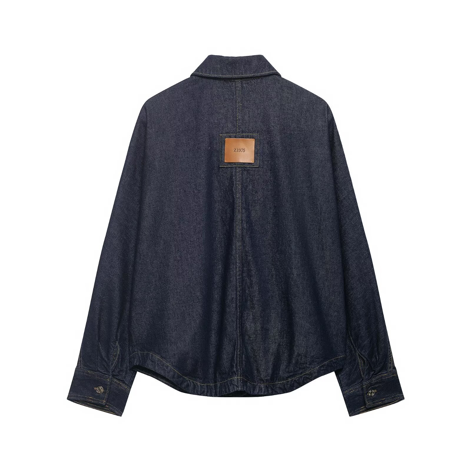 Women's Oversized Denim Jacket with Patch Pockets and Decorative Stitches Chichicherry
