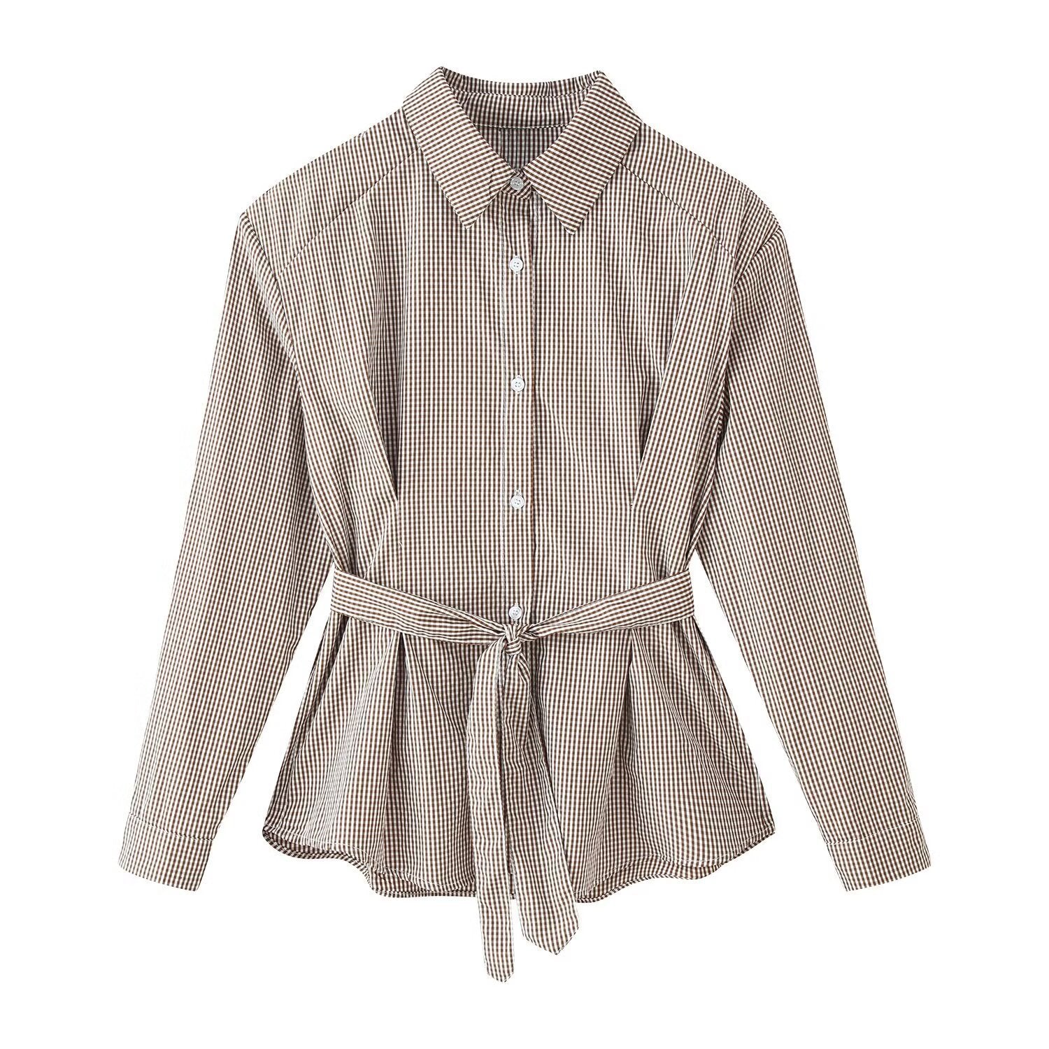Women Tailored Shirt Dress with Check Pattern and Tied Belt Chichicherry