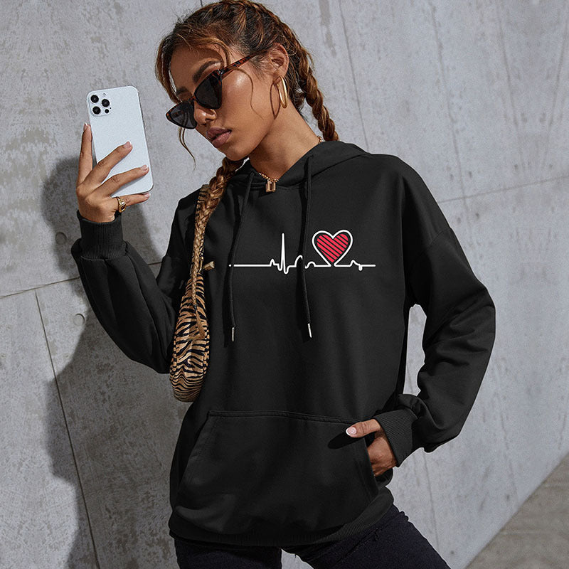 Women's Oversized Hoodie with Heart EKG Print and Kangaroo Pocket Chichicherry