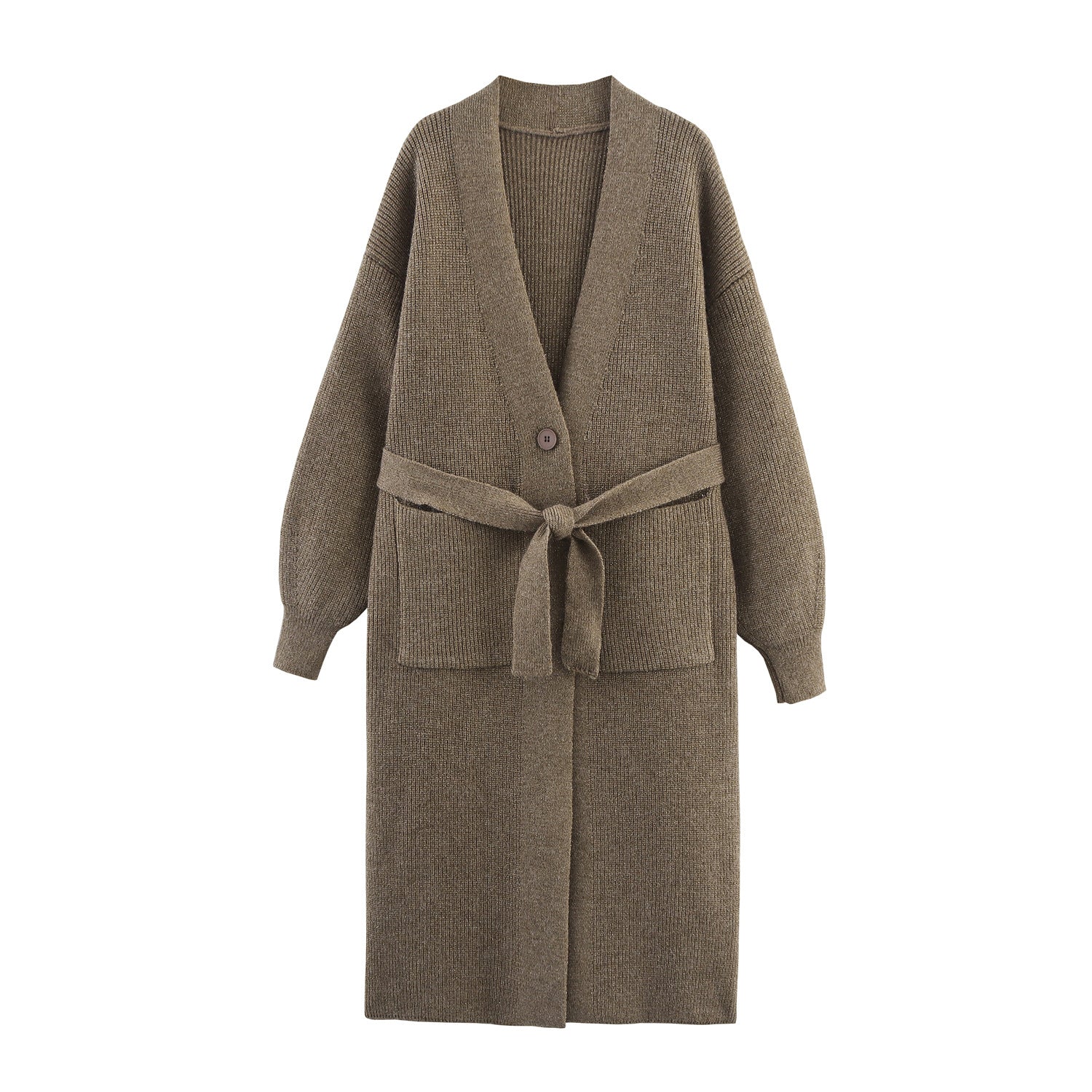 Women's Long Cardigan with Tie Belt, Patch Pockets and Deep V-Neck Chichicherry