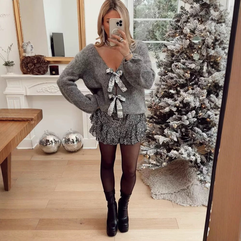 Women's Oversized Knit Cardigan with V-neck and Sequin Bows Chichicherry