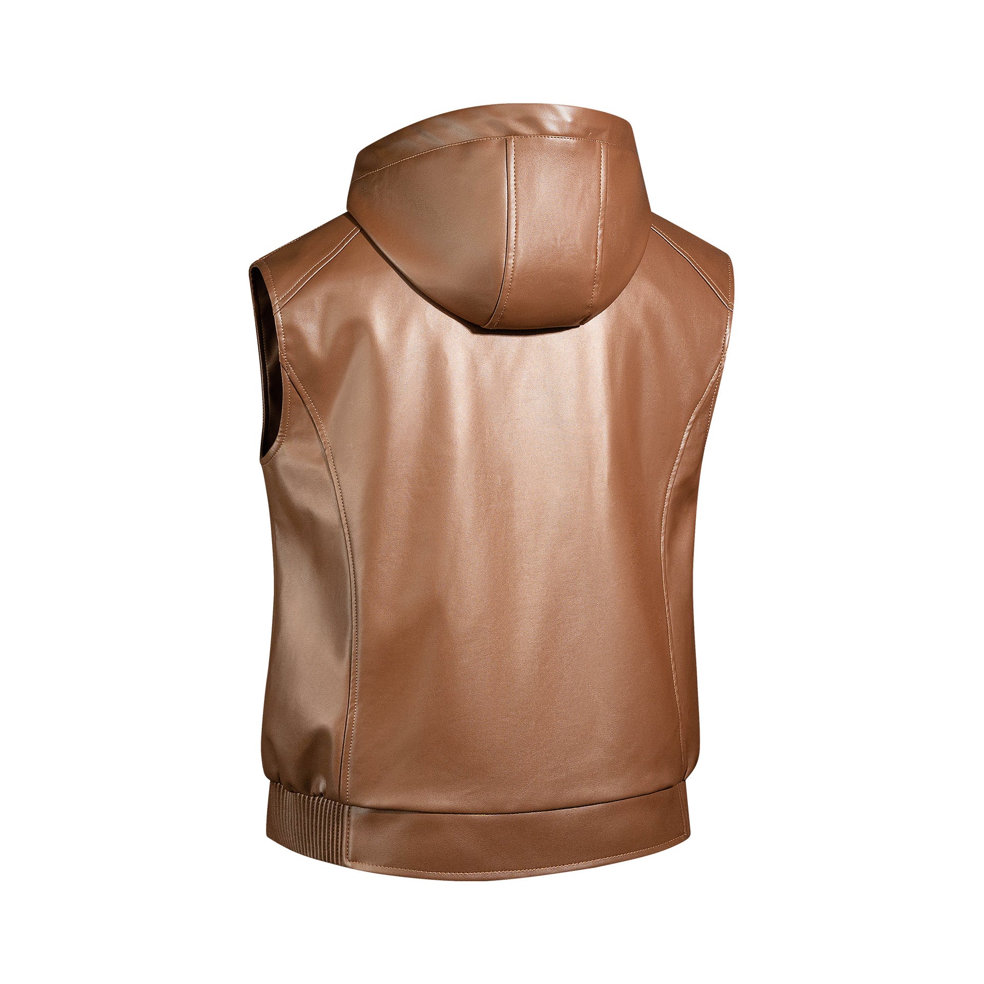 Men's Sleeveless Leather Vest with Hood Quilted Nappa Look and Zipper Pockets Chichicherry