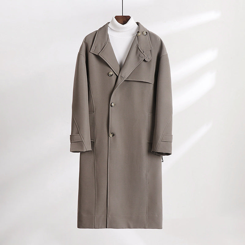 Men's Long-Cut Minimalist Trench Coat with Shawl Collar and Adjustable Sleeve Straps Chichicherry