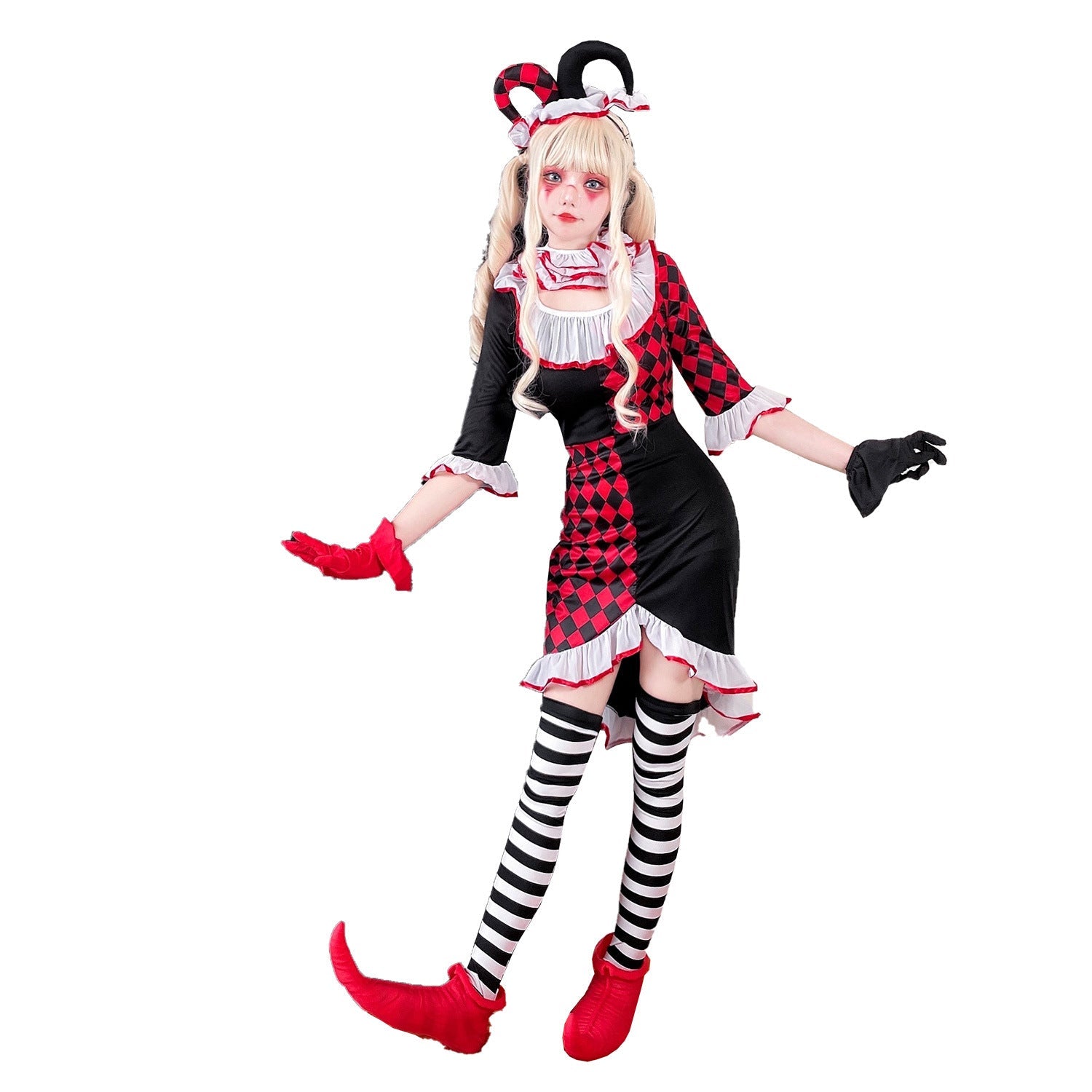 Girl clown costume with playful striped stockings and hat Chichicherry