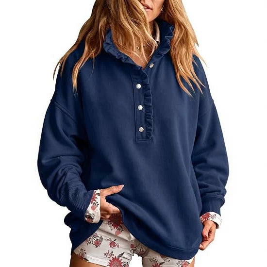 Women's oversized sweatshirt with ruffled collar and snap button placket Chichicherry
