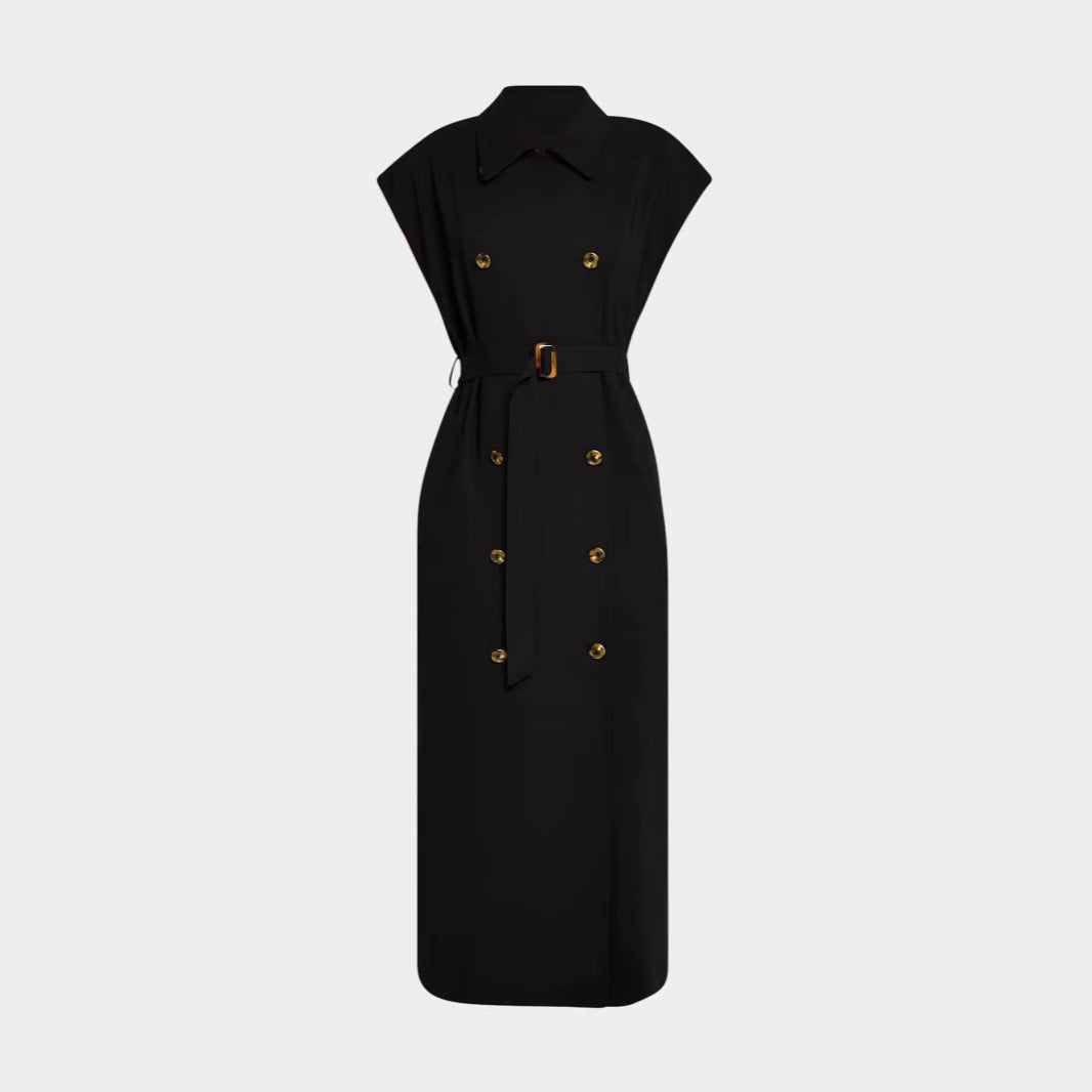 Women's Sleeveless Double-breasted Midi Dress with Trench Belt Chichicherry