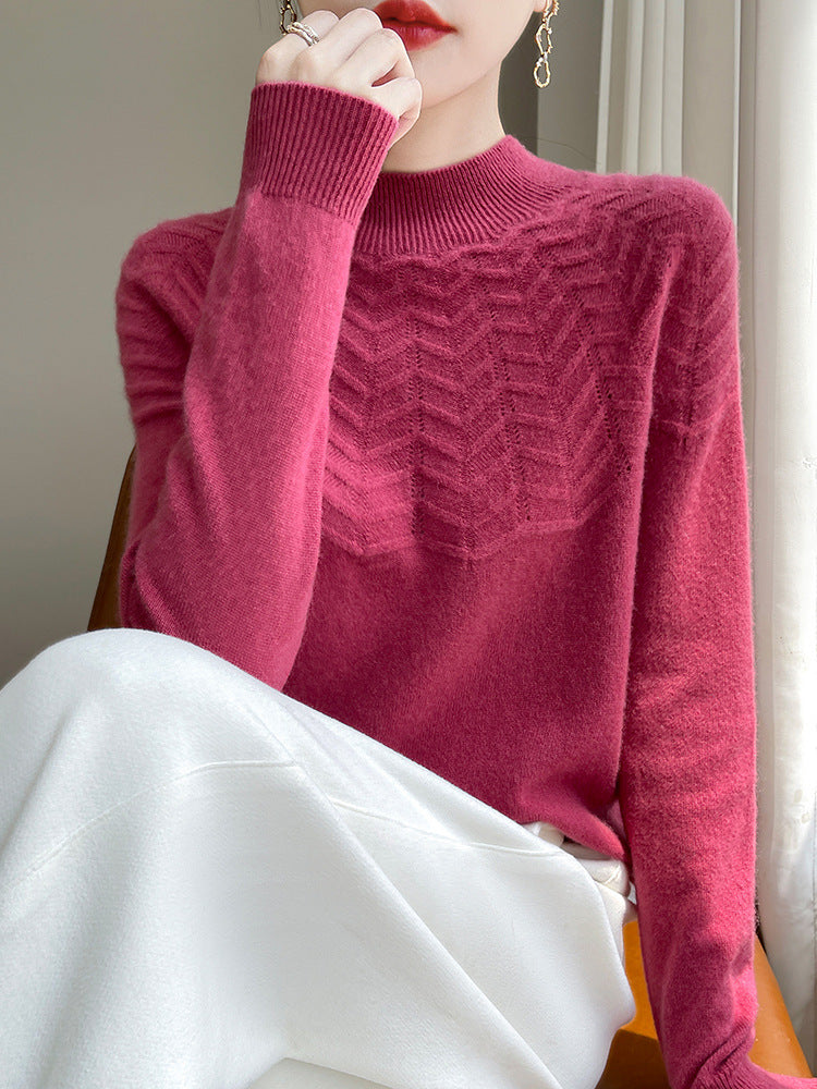 Women's Soft Fine Knit Mock Neck Sweater with Chevron Ajour and Cashmere Look Chichicherry