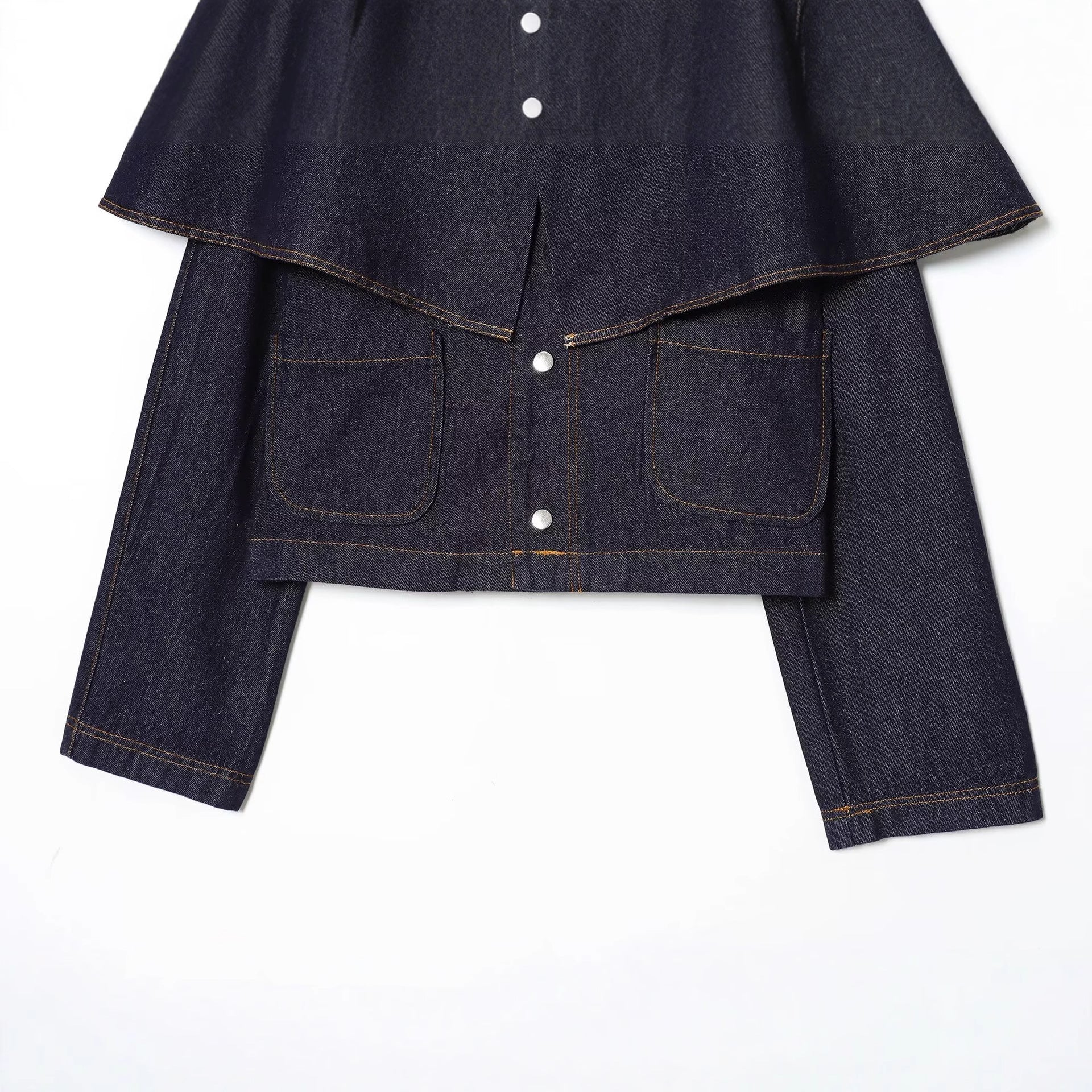 Women's Short Jeans Jacket with Cape Insert, Flap Pockets and Snap Buttons Chichicherry