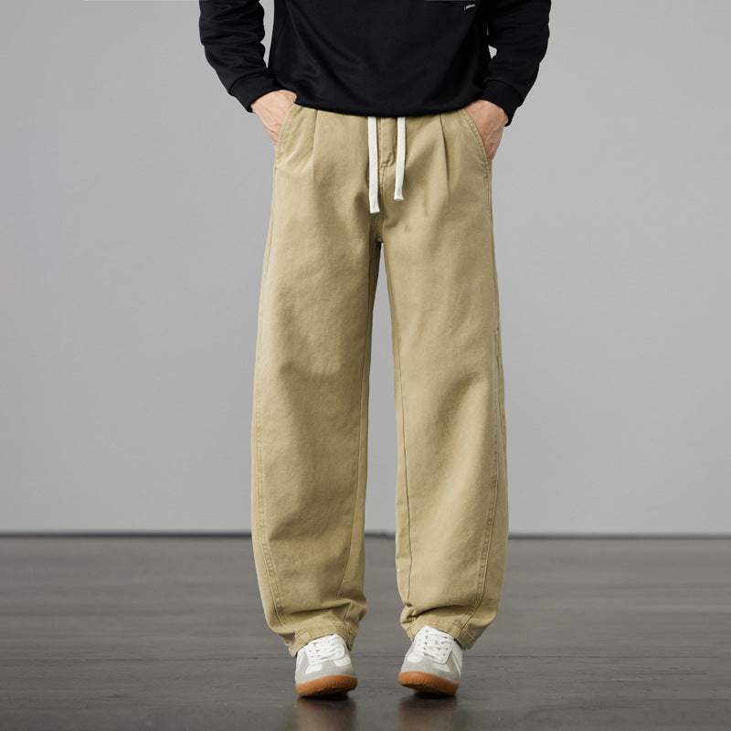 Men's Loose Cotton Canvas Cargo Pants with Drawstring Waist and Multiple Pockets Chichicherry