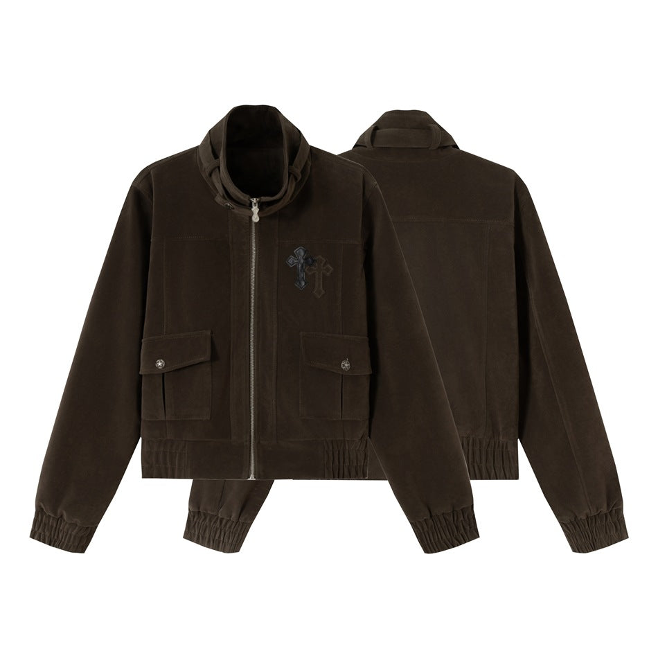 Men's short cut velour blouson jacket with funnel collar, patch pockets, and decorative cross application Chichicherry