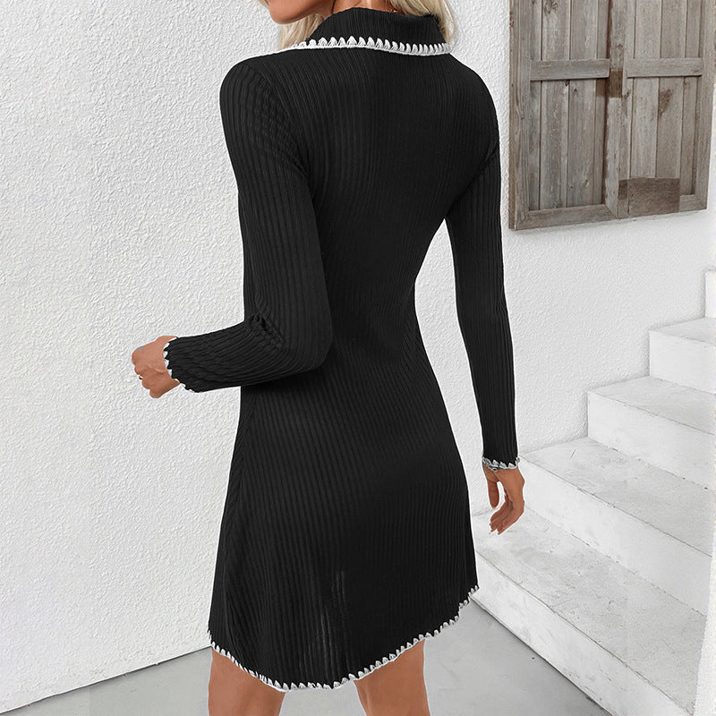 Women's fitted ribbed polo dress with lapel collar and decorative trim Chichicherry