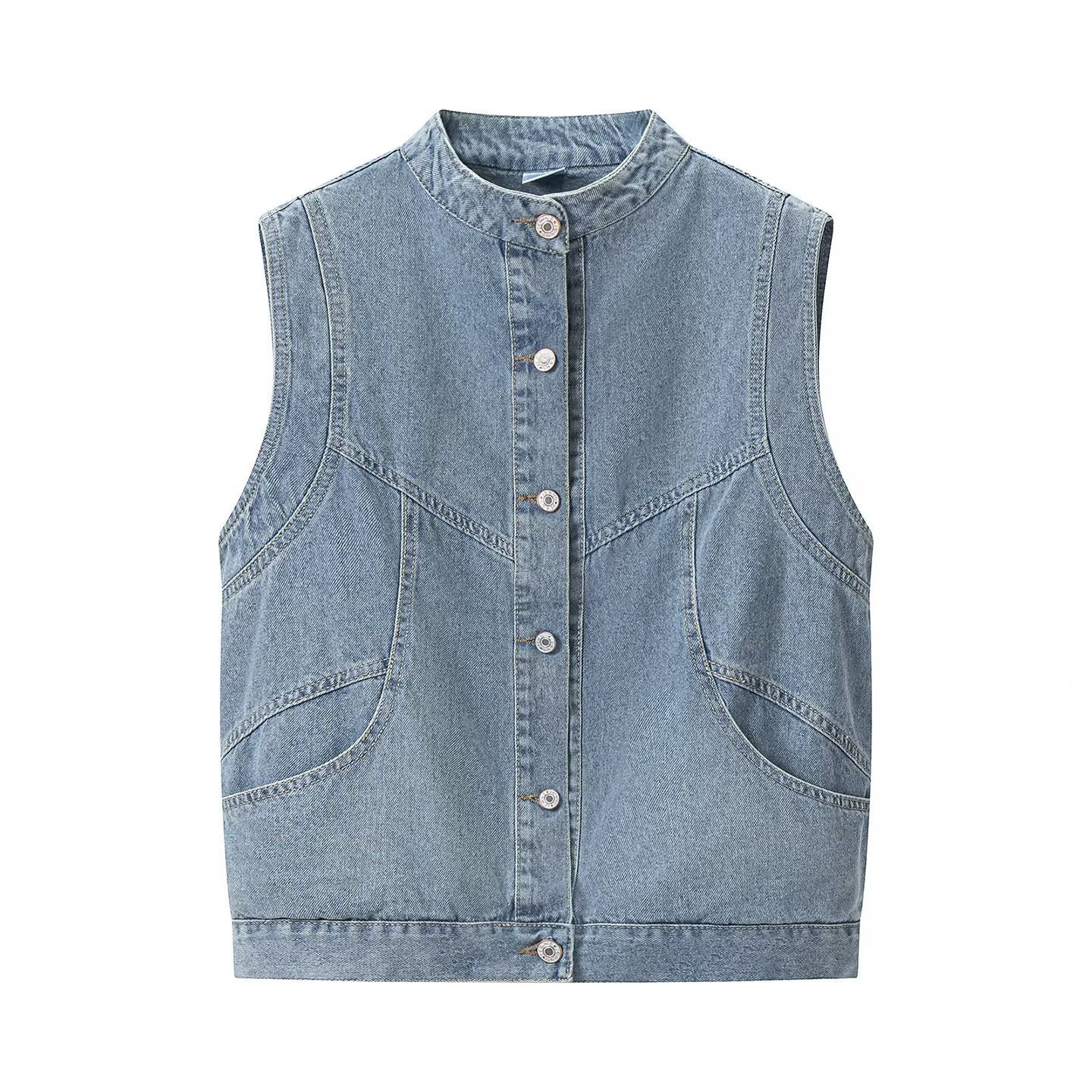 Women's jeans vest with stand-up collar, full-length button placket, and patch pockets Chichicherry
