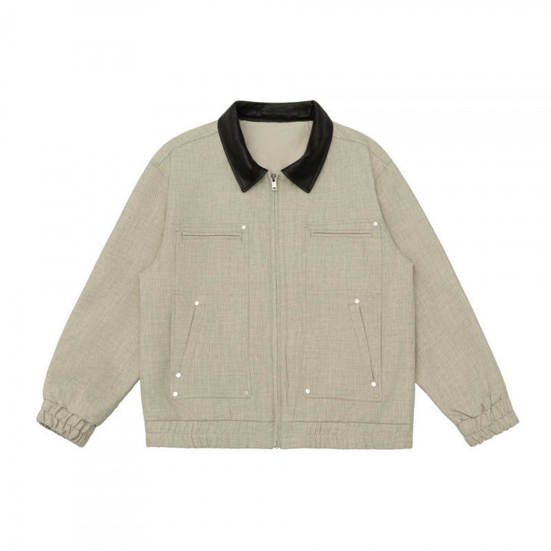 Men's short boxy jacket made of wool blend with contrasting leather collar, zipper and patch pockets Chichicherry