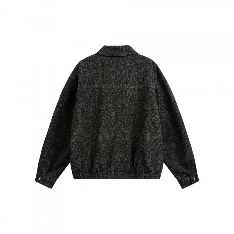 Men's Loose Boxy Jacket with Leopard Print, Full Zip and Elastic Hem Chichicherry