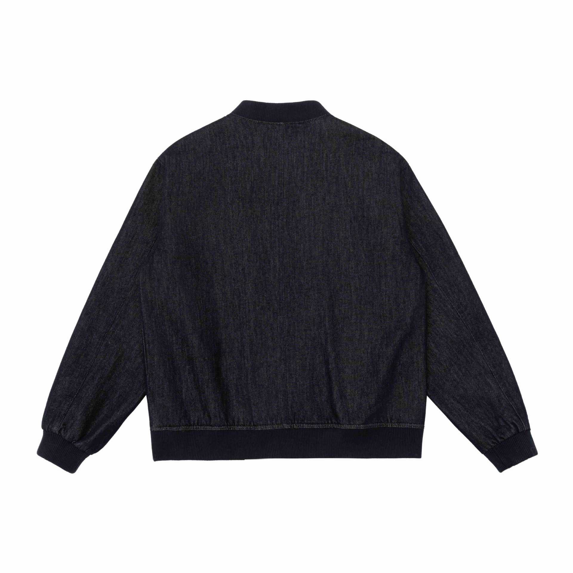 Unisex Boxy Jeans Bomber Jacket with Ribbed Collar, Snap Button Placket and Patch Pockets Chichicherry